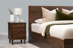 Mayfair solid walnut super king ottoman bed headboard with cream and green bedding and a matching three-drawer bedside table