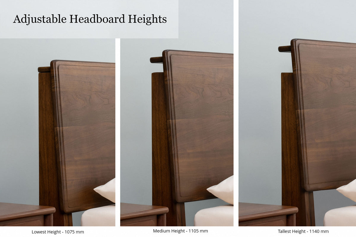 Mayfair solid walnut super king ottoman bed adjustable headboard at three heights: 1075 mm, 1105 mm and 1140 mm
