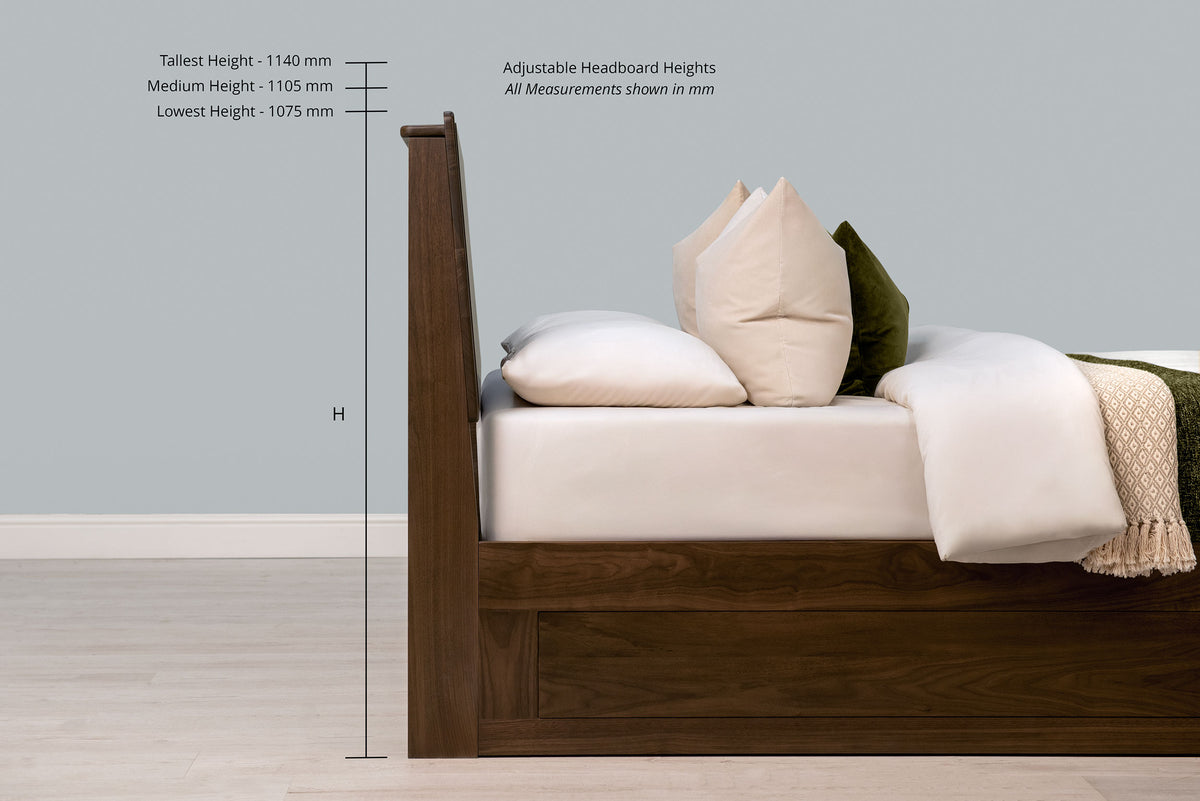 Mayfair solid walnut super king ottoman bed side view, headboard height adjustable to 1075 mm, 1105 mm or 1140 mm