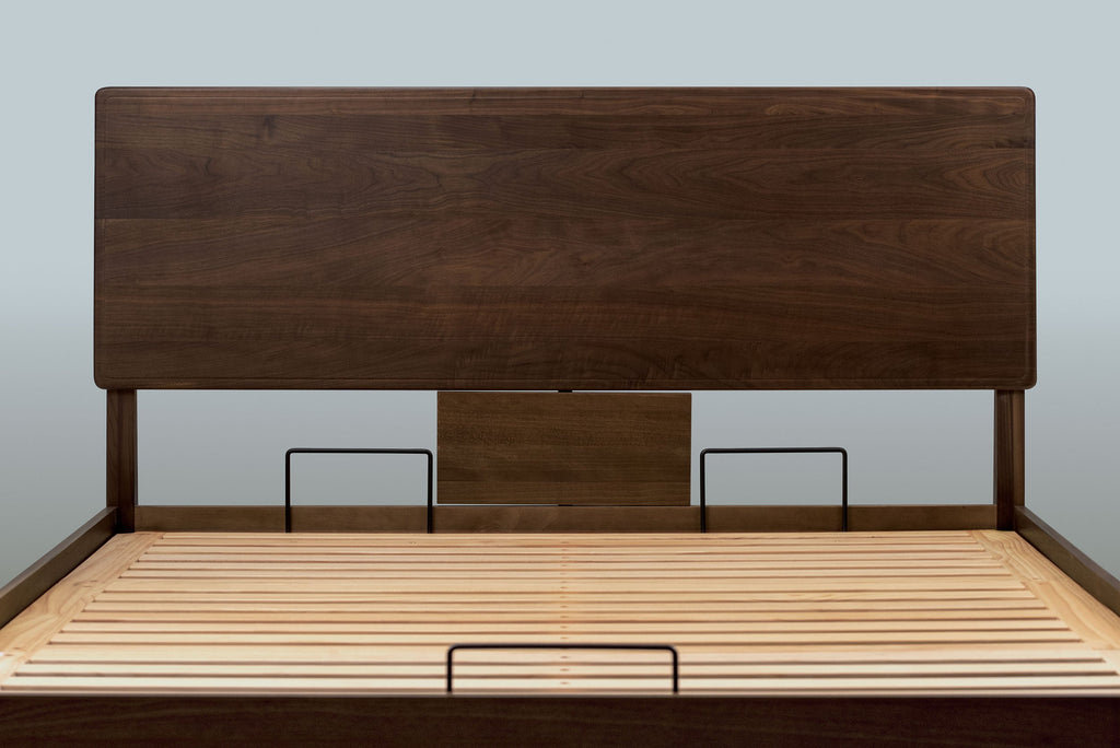 Mayfair solid walnut super king ottoman bed headboard and slatted base without a mattress, showing the mattress retainer bars