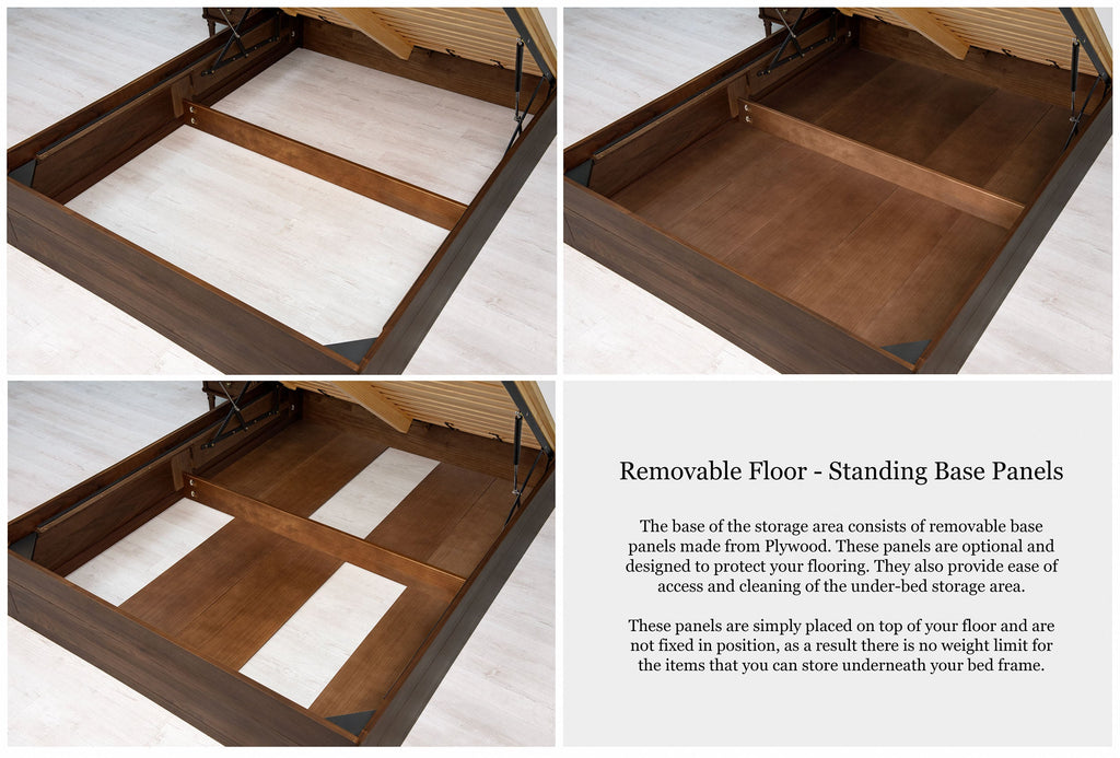 Mayfair solid walnut super king ottoman bed storage area with optional removable plywood base panels that sit on the floor