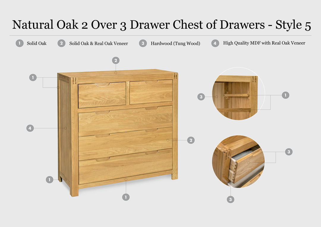 Natural Oak 2 Over 3 Drawer Chest of Drawers - Style 5 - The Oak Bed Store