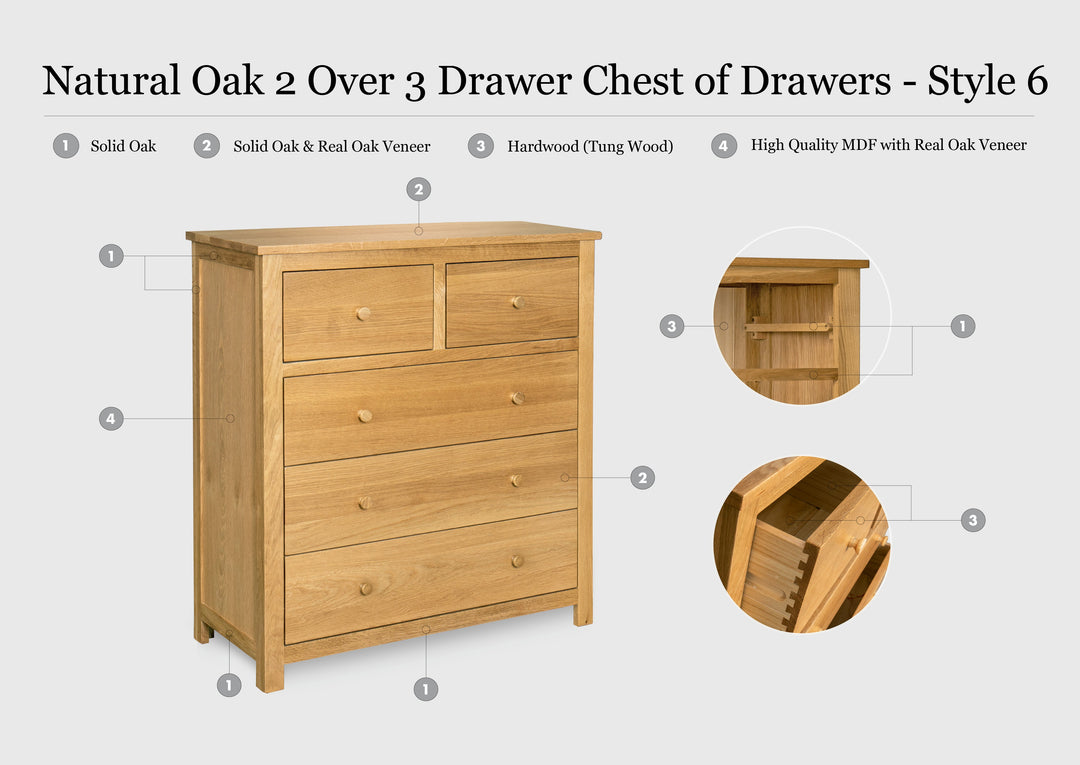 Natural Oak 2 Over 3 Drawer Chest of Drawers - Style 6 - The Oak Bed Store