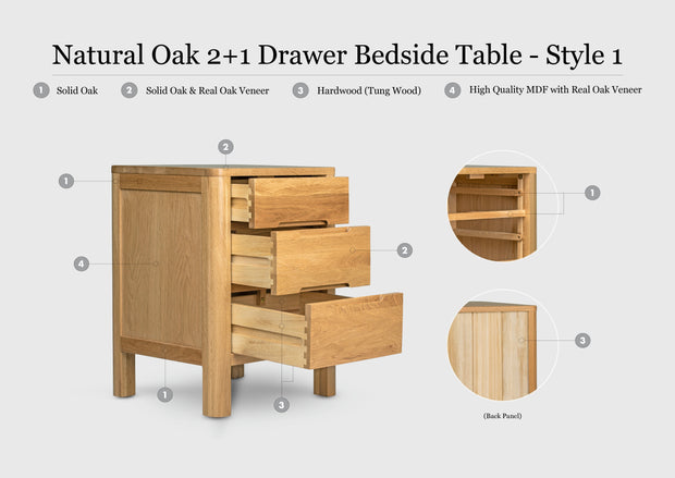 Natural Oak 2+1 Drawer Bedside Table - Style 1 - The Oak Bed Store