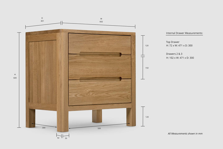 Natural Oak 2+1 Drawer Bedside Table - Style 1 - The Oak Bed Store