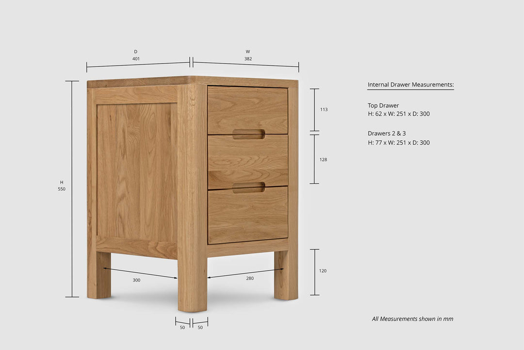 Natural Oak 2+1 Drawer Bedside Table - Style 1 - The Oak Bed Store