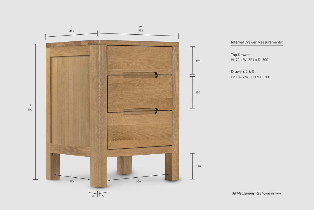 Natural Oak 2+1 Drawer Bedside Table - Style 1 - The Oak Bed Store