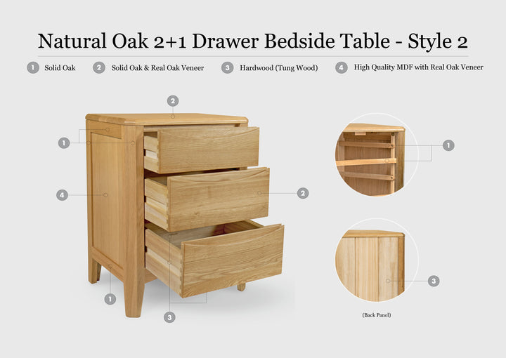 Natural Oak 2+1 Drawer Bedside Table - Style 2 - The Oak Bed Store