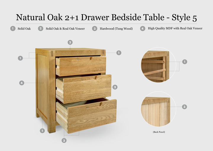 Natural Oak 2+1 Drawer Bedside Table - Style 5 - The Oak Bed Store