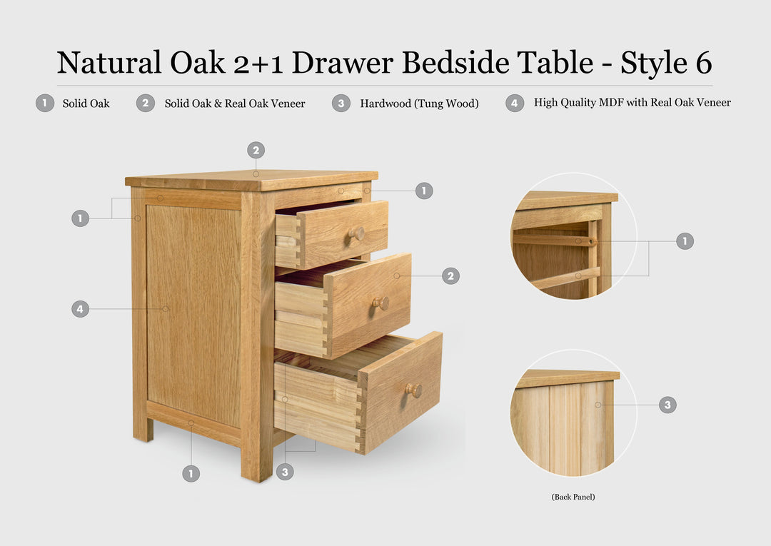 Natural Oak 2+1 Drawer Bedside Table - Style 6 - The Oak Bed Store