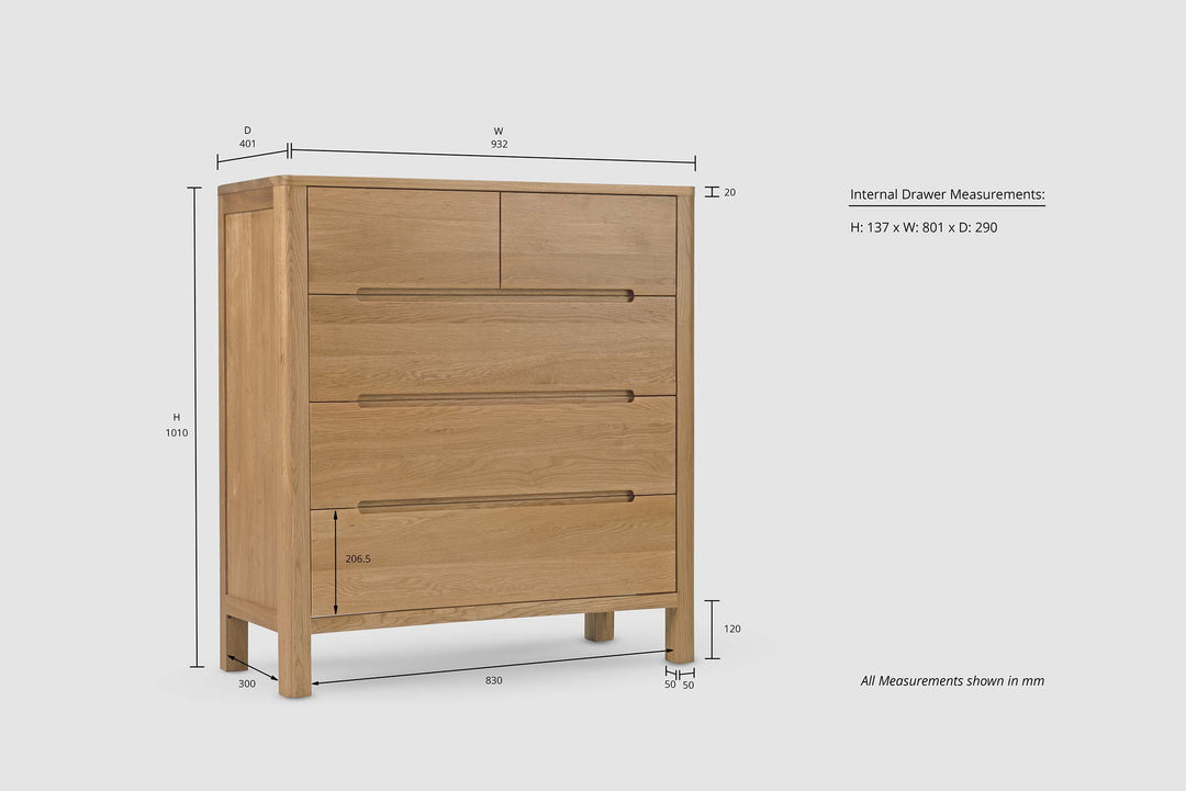 Natural Oak 4 Drawer Chest of Drawers - Style 1 - The Oak Bed Store