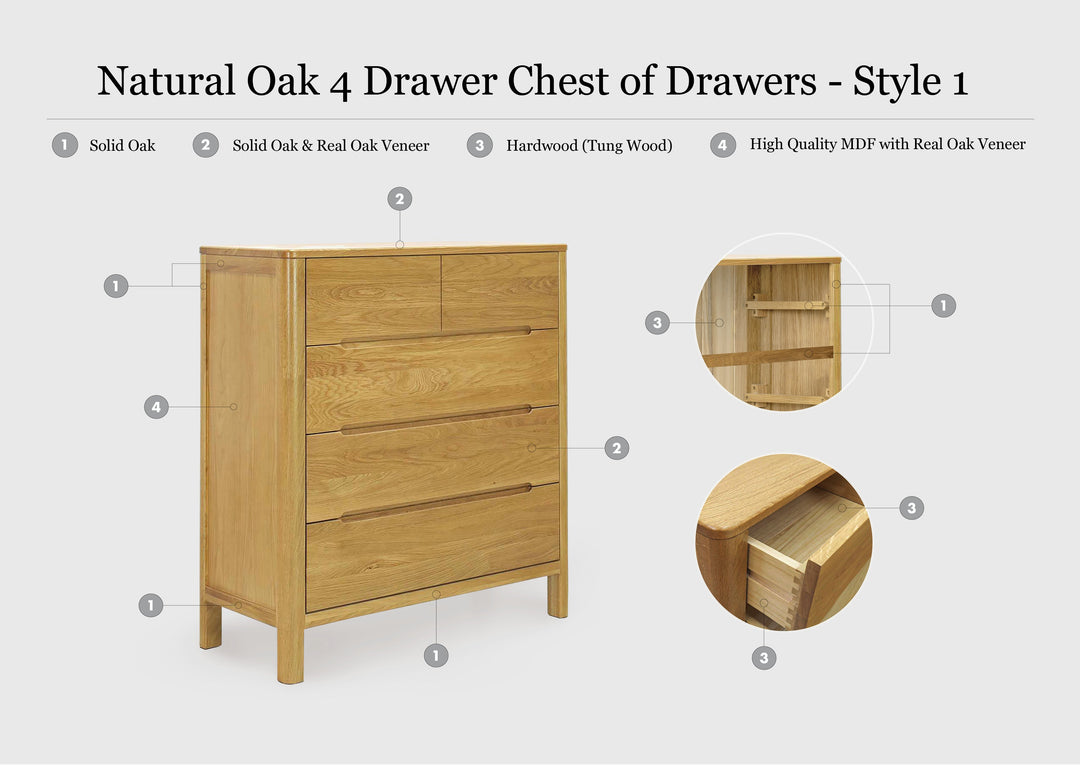 Natural Oak 4 Drawer Chest of Drawers - Style 1 - The Oak Bed Store