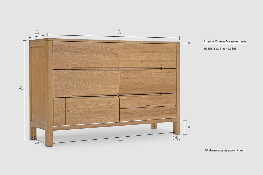 Natural Oak 6 Drawer Chest of Drawers - Style 1 - The Oak Bed Store