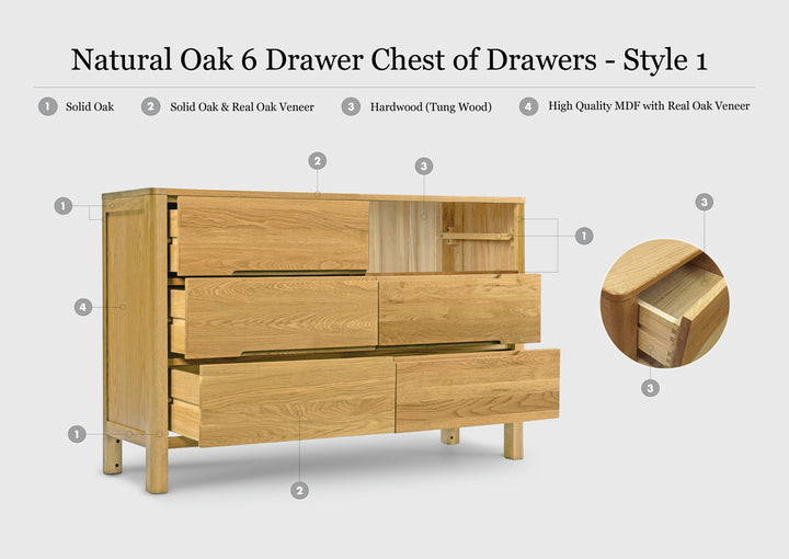 Natural Oak 6 Drawer Chest of Drawers - Style 1 - The Oak Bed Store