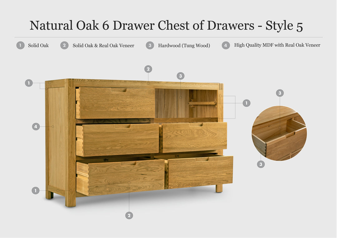 Natural Oak 6 Drawer Chest of Drawers - Style 5 - The Oak Bed Store