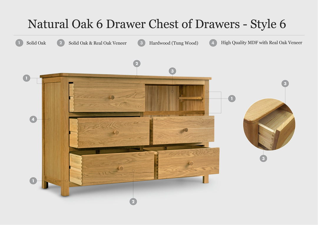 Natural Oak 6 Drawer Chest of Drawers - Style 6 - The Oak Bed Store