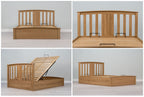 Royal Ascot solid natural oak double ottoman bed frame without a mattress in four views: front, headboard, rear and angled