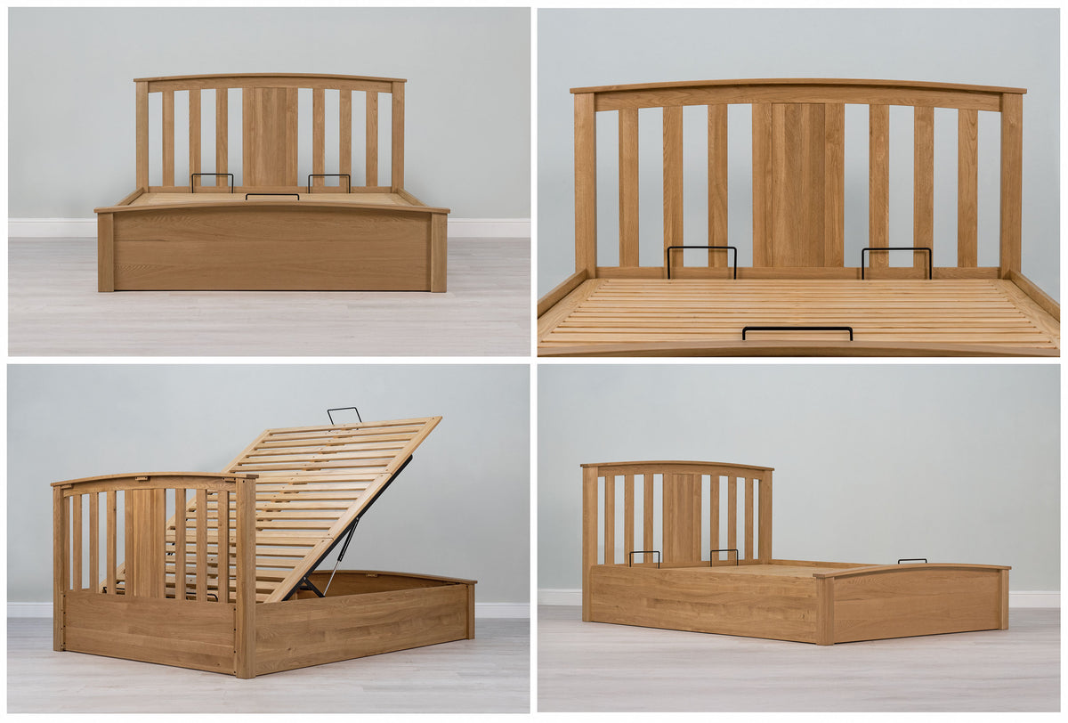 Royal Ascot solid natural oak double ottoman bed frame without a mattress in four views: front, headboard, rear and angled
