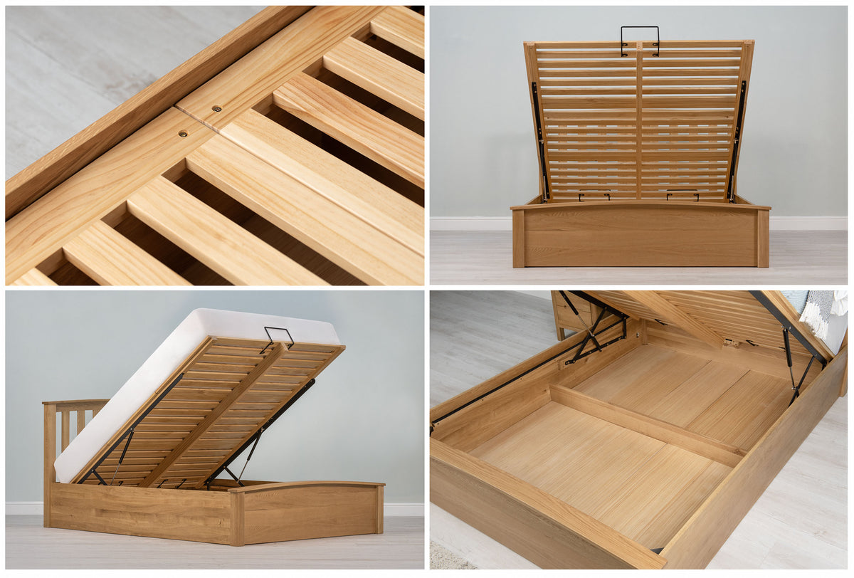 Royal Ascot solid natural oak double ottoman bed in four views: slatted base close-up, base raised from the front, base raised with a mattress, and the under-bed storage area