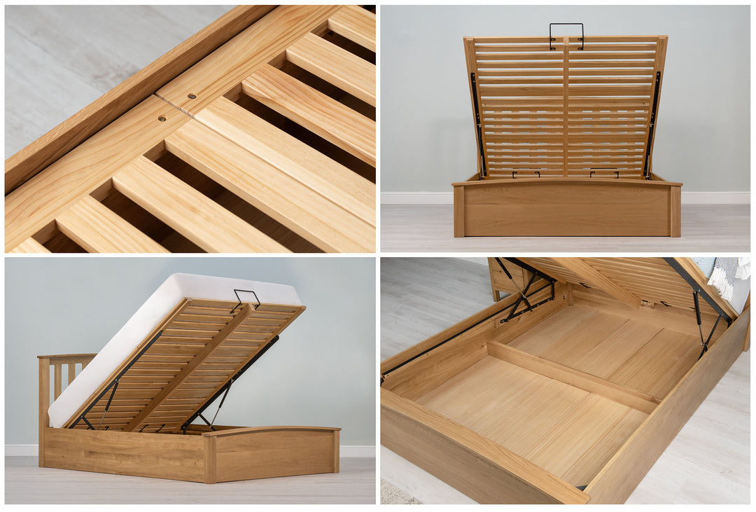 Royal Ascot solid natural oak king size ottoman bed in four views: slatted base close-up, base raised from the front, base raised with a mattress, and the under-bed storage area