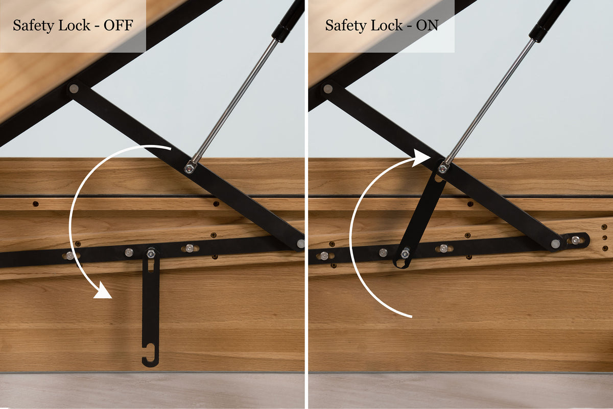 Royal Ascot solid natural oak super king ottoman bed lift mechanism safety lock, shown in the off and on positions