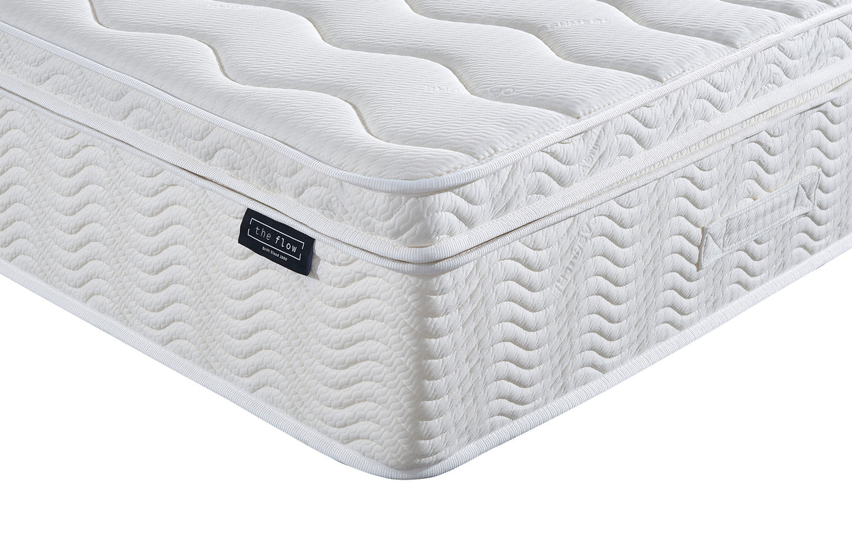 The Flow Drift Cloud 2000 mattress side panel with stitched detailing and brand label