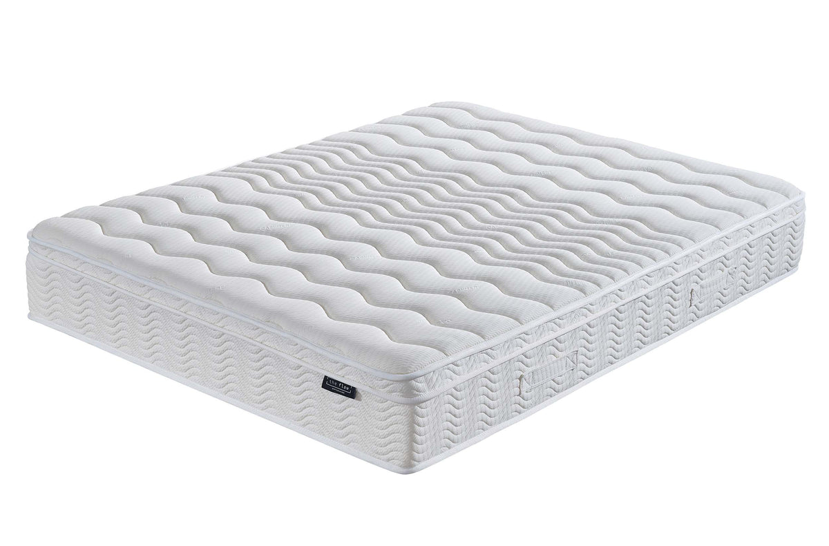 The Flow Drift Hybrid 2000 mattress angled view with quilted euro top and premium comfort layers