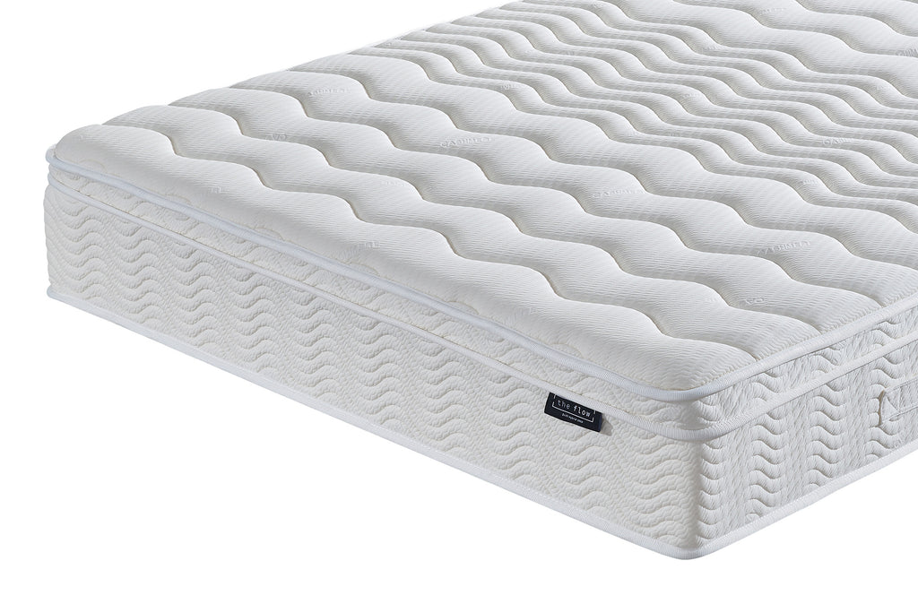 The Flow Drift Hybrid 2000 mattress close up of quilted euro top corner and stitching detail
