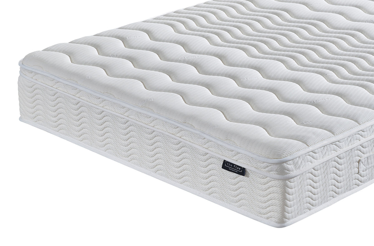 The Flow Drift Hybrid 2000 mattress close up of quilted euro top corner and stitching detail