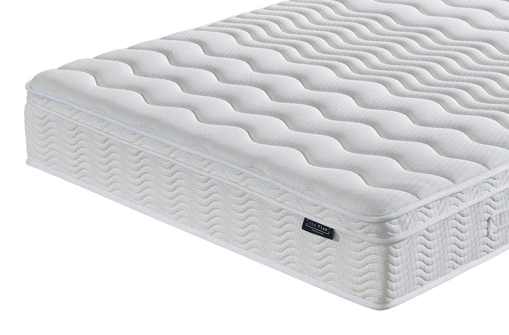 The Flow Drift Hybrid 2000 mattress close up of quilted euro top corner and stitching detail