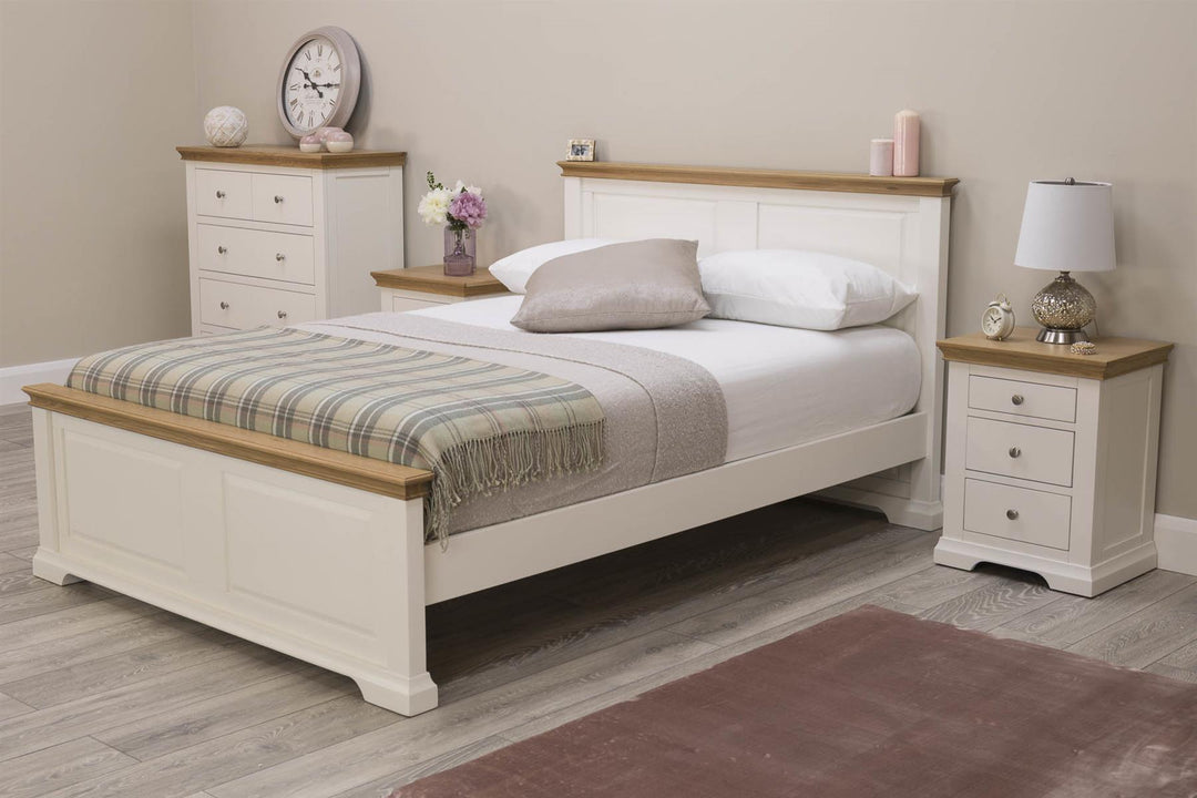 Westcott Soft White & Natural Oak Solid Wood Bed Frame - 4ft6 Double - B Grade - The Oak Bed Store