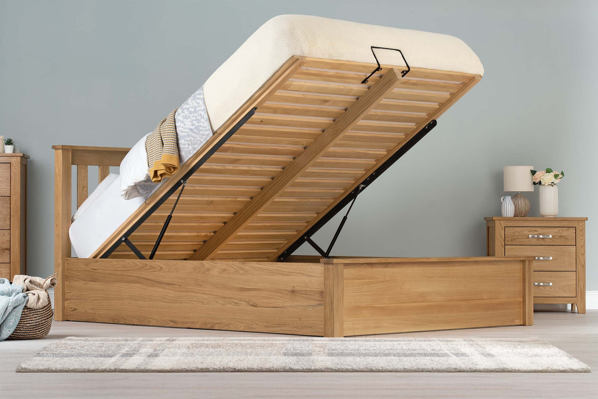 Wilmore Solid Natural Oak Ottoman Storage Bed Frame - 6ft Super King - The Oak Bed Store