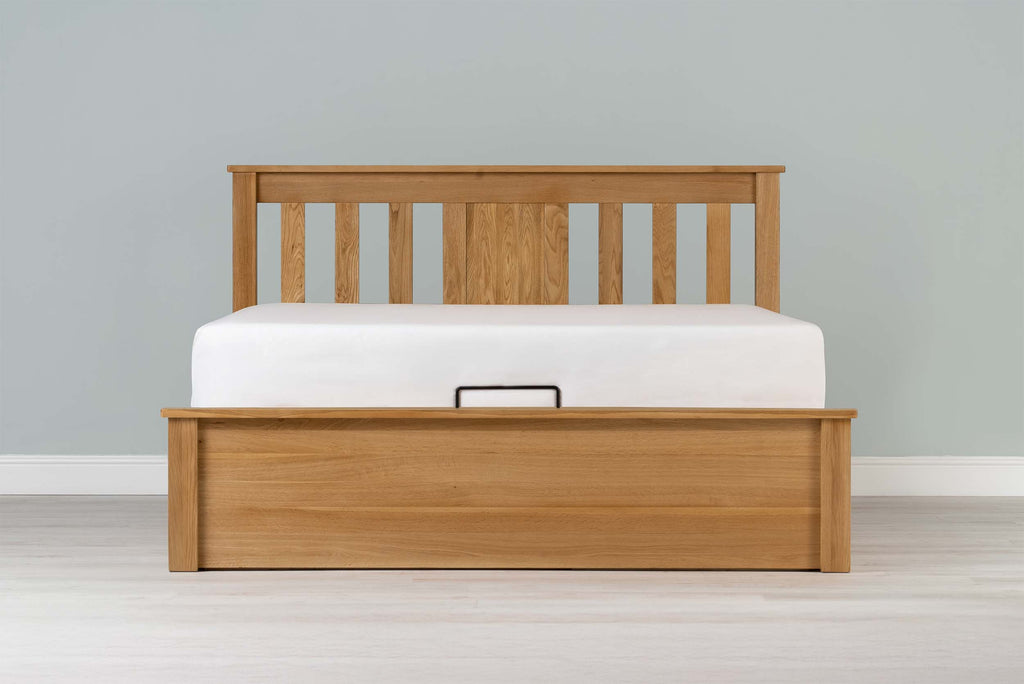 Wilmore Solid Natural Oak Ottoman Storage Bed Frame - 6ft Super King - The Oak Bed Store
