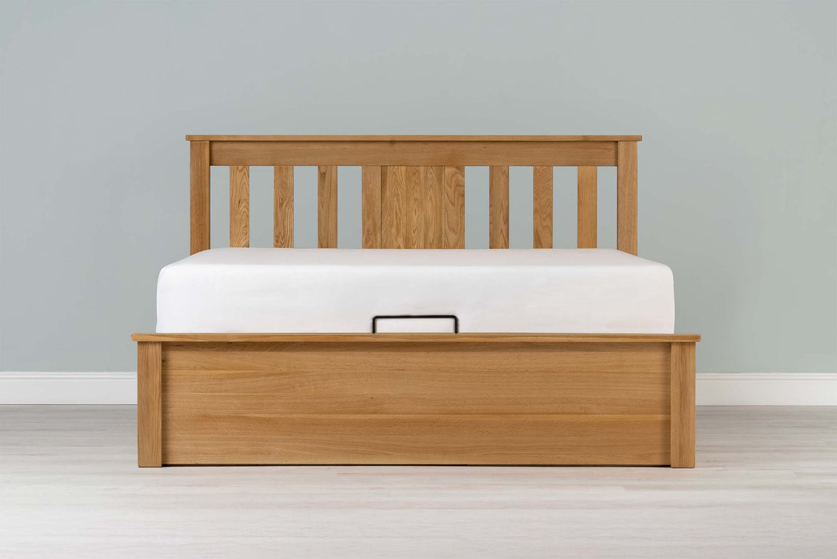 Wilmore Solid Natural Oak Ottoman Storage Bed Frame - 6ft Super King - The Oak Bed Store