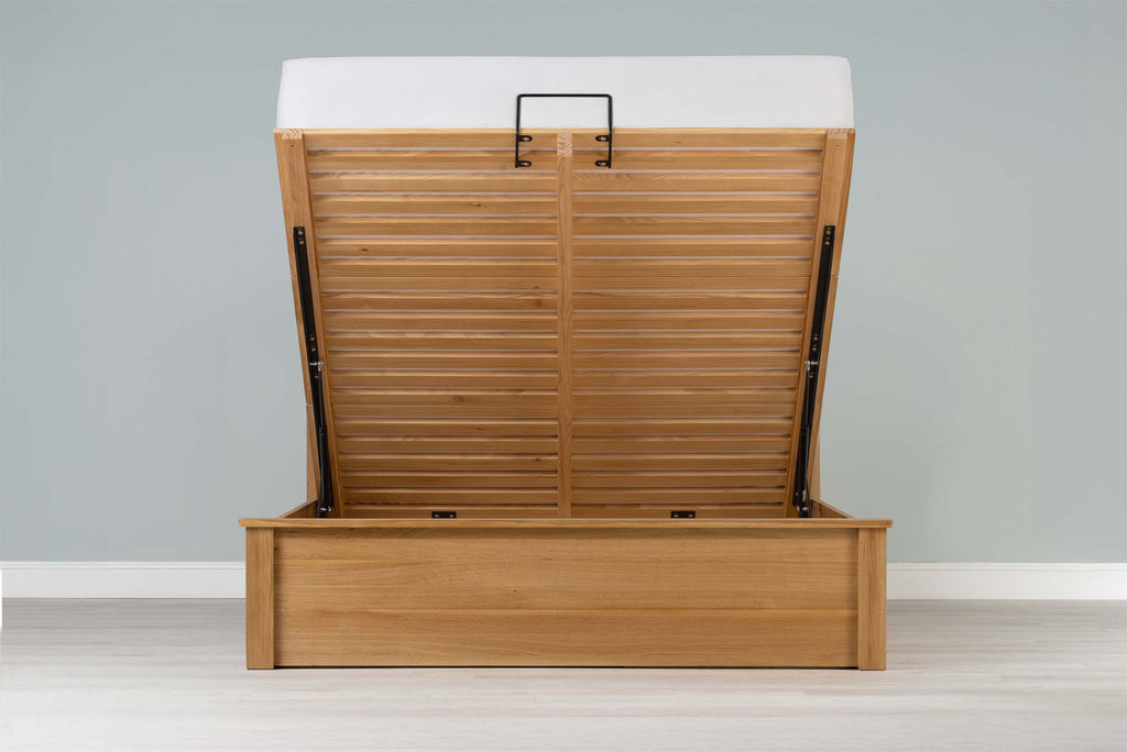 Wilmore Solid Natural Oak Ottoman Storage Bed Frame - 6ft Super King - The Oak Bed Store
