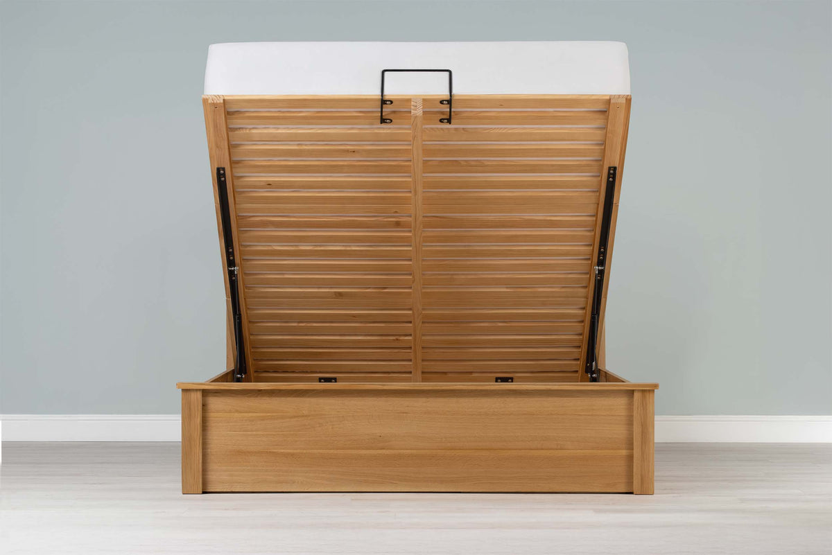 Wilmore Solid Natural Oak Ottoman Storage Bed Frame - 6ft Super King - The Oak Bed Store
