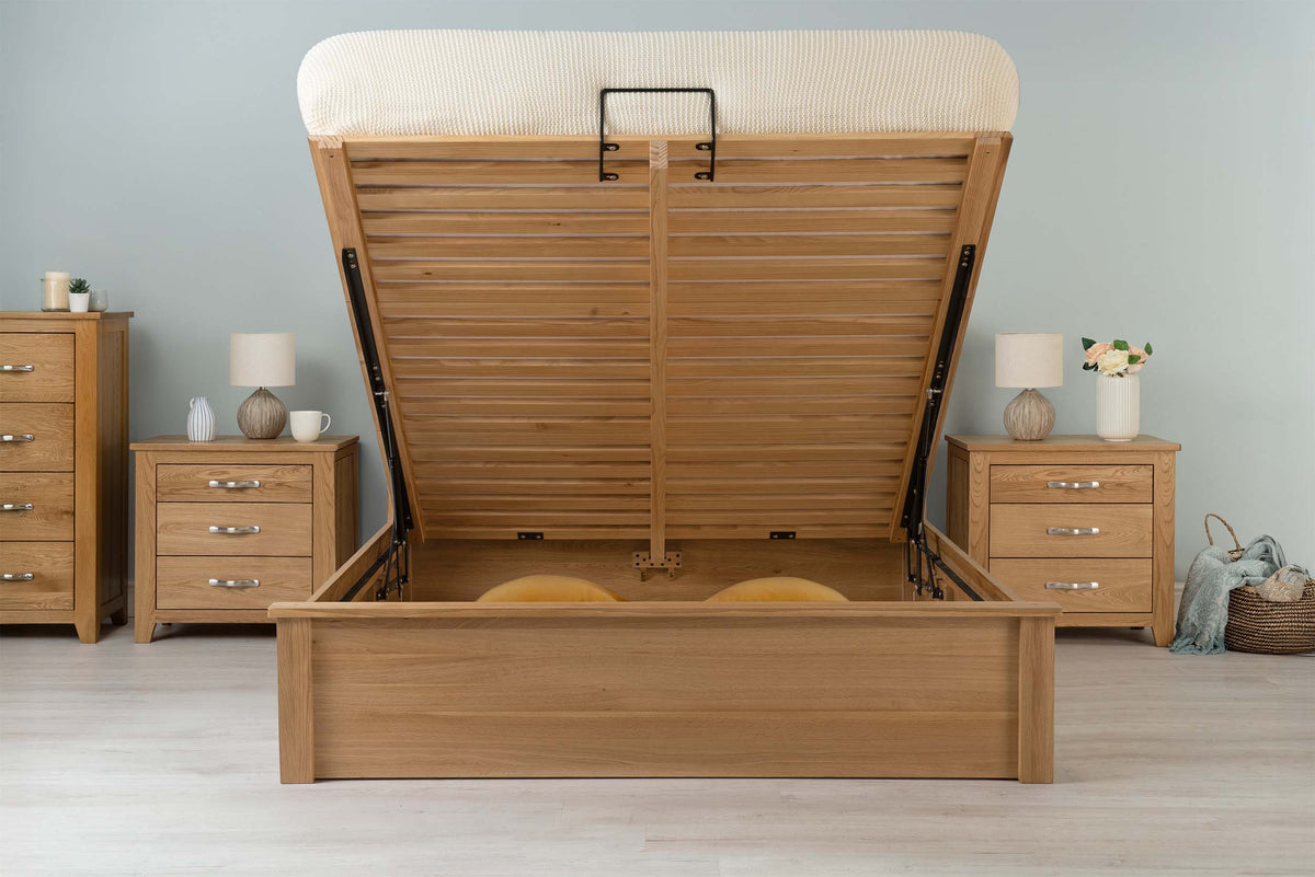 Wilmore Solid Natural Oak Ottoman Storage Bed Frame - 6ft Super King - The Oak Bed Store