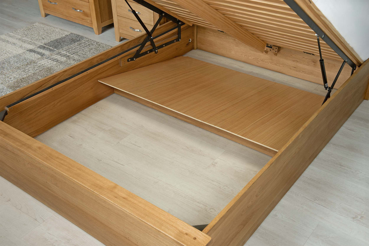Wilmore Solid Natural Oak Ottoman Storage Bed Frame - 6ft Super King - The Oak Bed Store