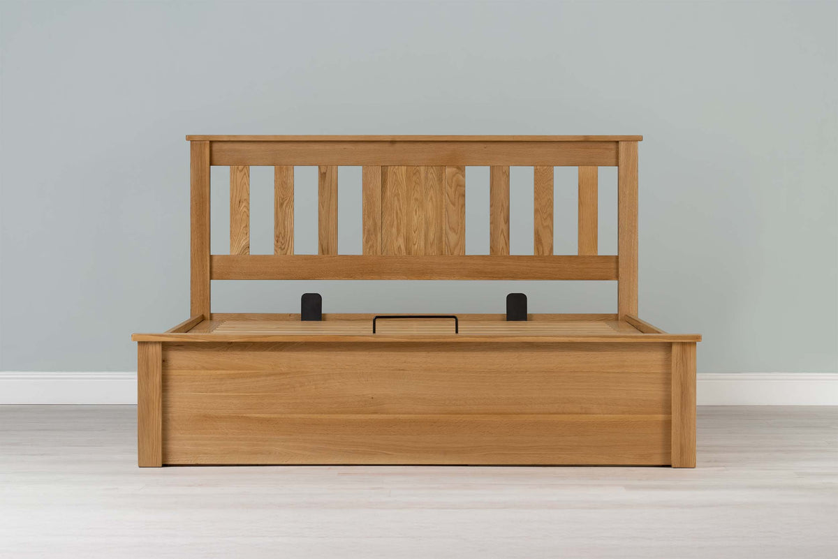 Wilmore Solid Natural Oak Ottoman Storage Bed Frame - 6ft Super King - The Oak Bed Store