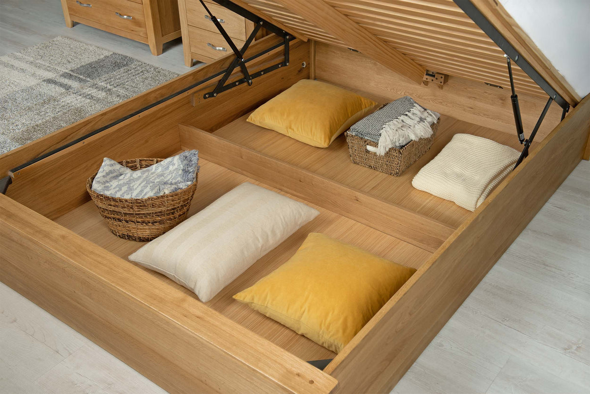 Wilmore Solid Natural Oak Ottoman Storage Bed Frame - 6ft Super King - The Oak Bed Store