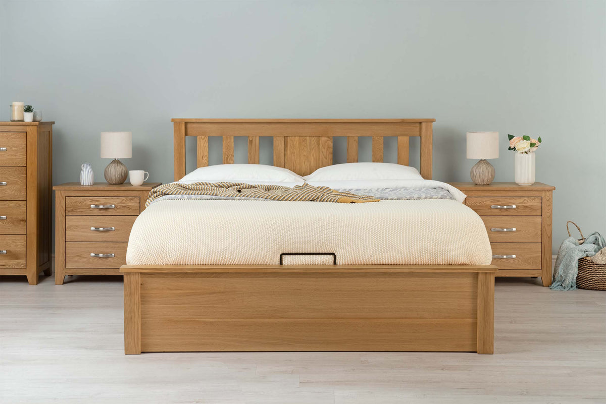 Wilmore Solid Natural Oak Ottoman Storage Bed Frame - 6ft Super King - The Oak Bed Store