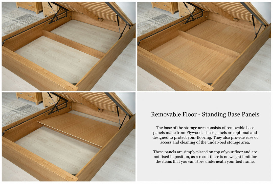 Wilmore solid natural oak super king ottoman bed storage area with optional removable plywood base panels that sit on the floor