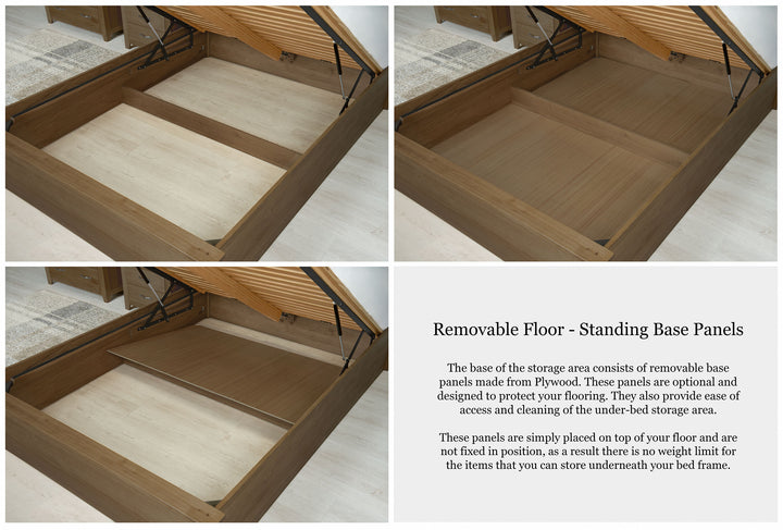 Wilmore solid rustic oak super king ottoman bed storage area with optional removable plywood base panels that sit on the floor