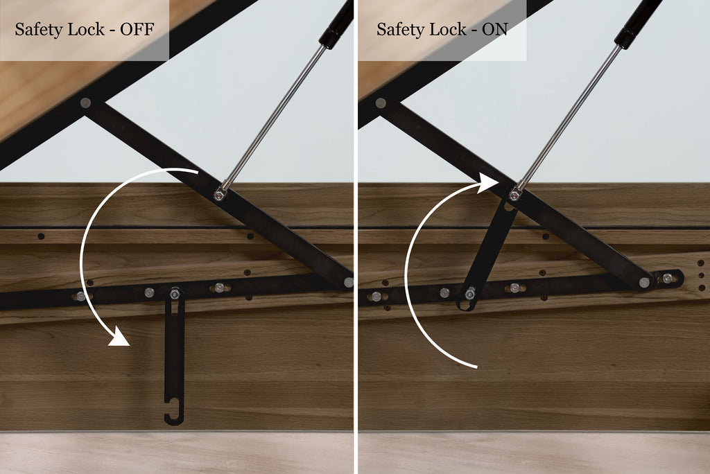 Wilmore solid rustic oak super king ottoman bed lift mechanism safety lock, shown in the off and on positions