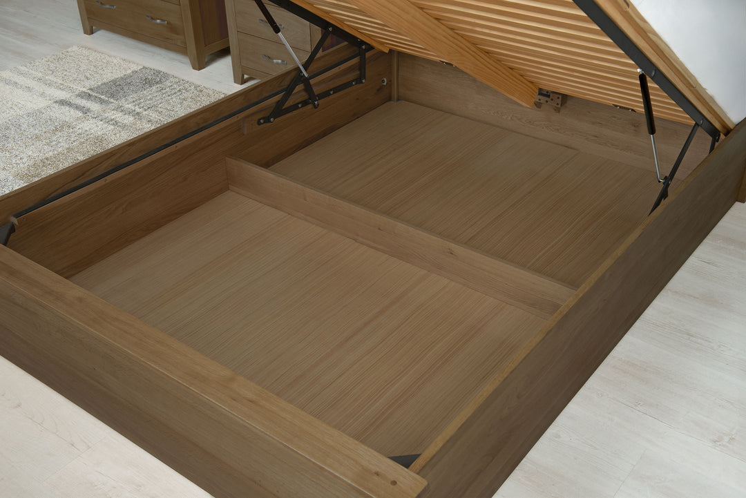 Wilmore solid rustic oak super king ottoman bed storage area with both removable plywood base panels in place