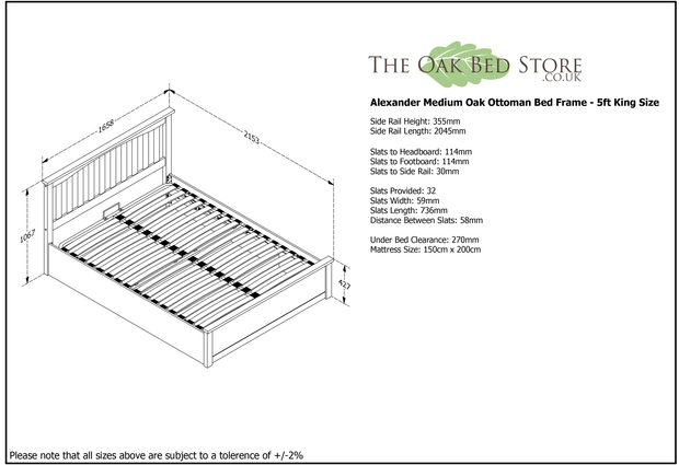 Alexander Medium Oak Ottoman Storage Bed Frame - 5ft King Size - The Oak Bed Store
