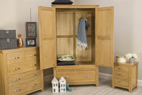 Boston Solid Natural Oak 1 Drawer Double Wardrobe - The Oak Bed Store