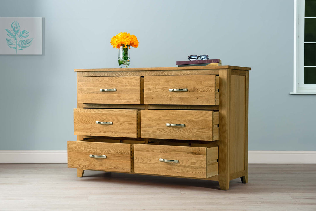 Boston Solid Natural Oak 6 Drawer Chest of Drawers - The Oak Bed Store