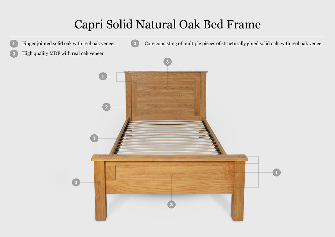 Capri Solid Natural Oak Bed Frame - 3ft Single - The Oak Bed Store