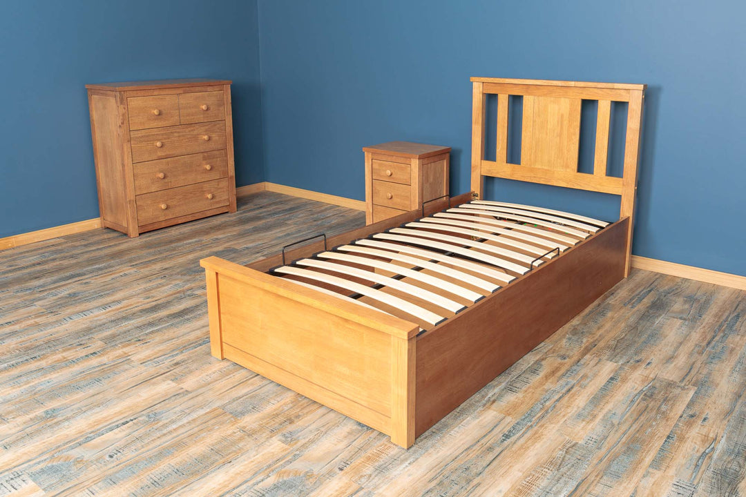 Chester Medium Oak Ottoman Storage Bed Frame - 3ft Single - The Oak Bed Store